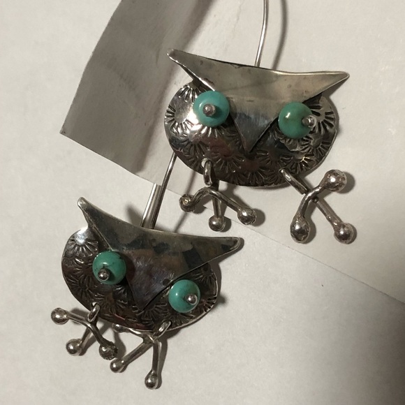 Handcrafted 925 Sterling Silver Owl Earrings with Turquoise Eyes - Picture 6 of 7
